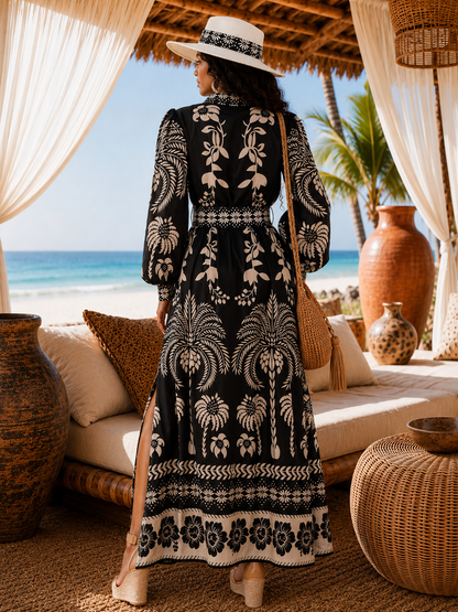 Long Sleeve Floral Maxi Dress : Tropic Tango | V-Neck Button-Up Belted Floral Print Maxi Dress