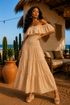 Off The-Shoulder Sand Smocked Maxi Dress: Seaside Drift