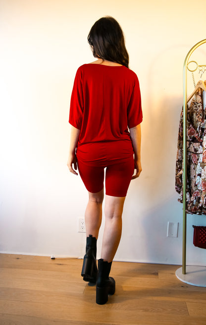 Ribbed Shorts Set: On The Go Front Tie Top in Burgundy