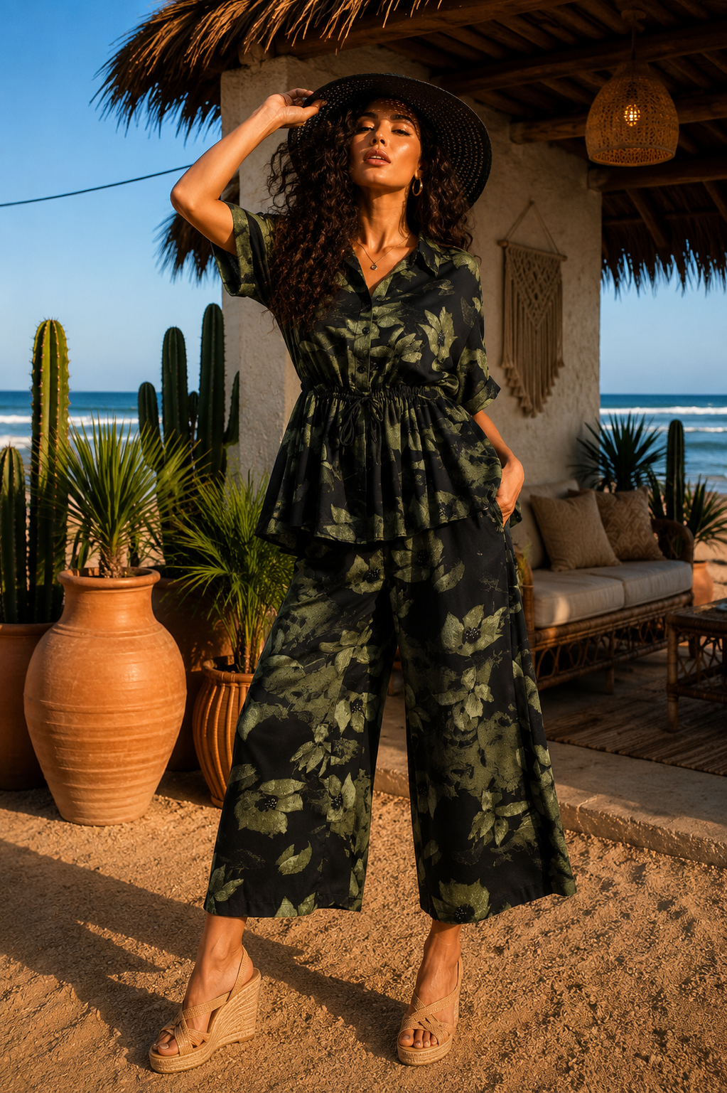 Short Sleeve Blouse & Elastic Waist Pockets Pants 2-Piece Set: Gone Wild Capri Colorblock Pants Set
