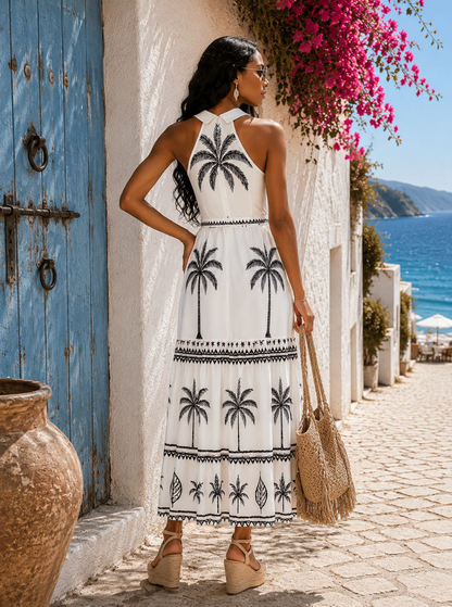Sleeveless Halter Neck Maxi Dress : Tropical Mirage | Self-Tie Multi Print Maxi Dress