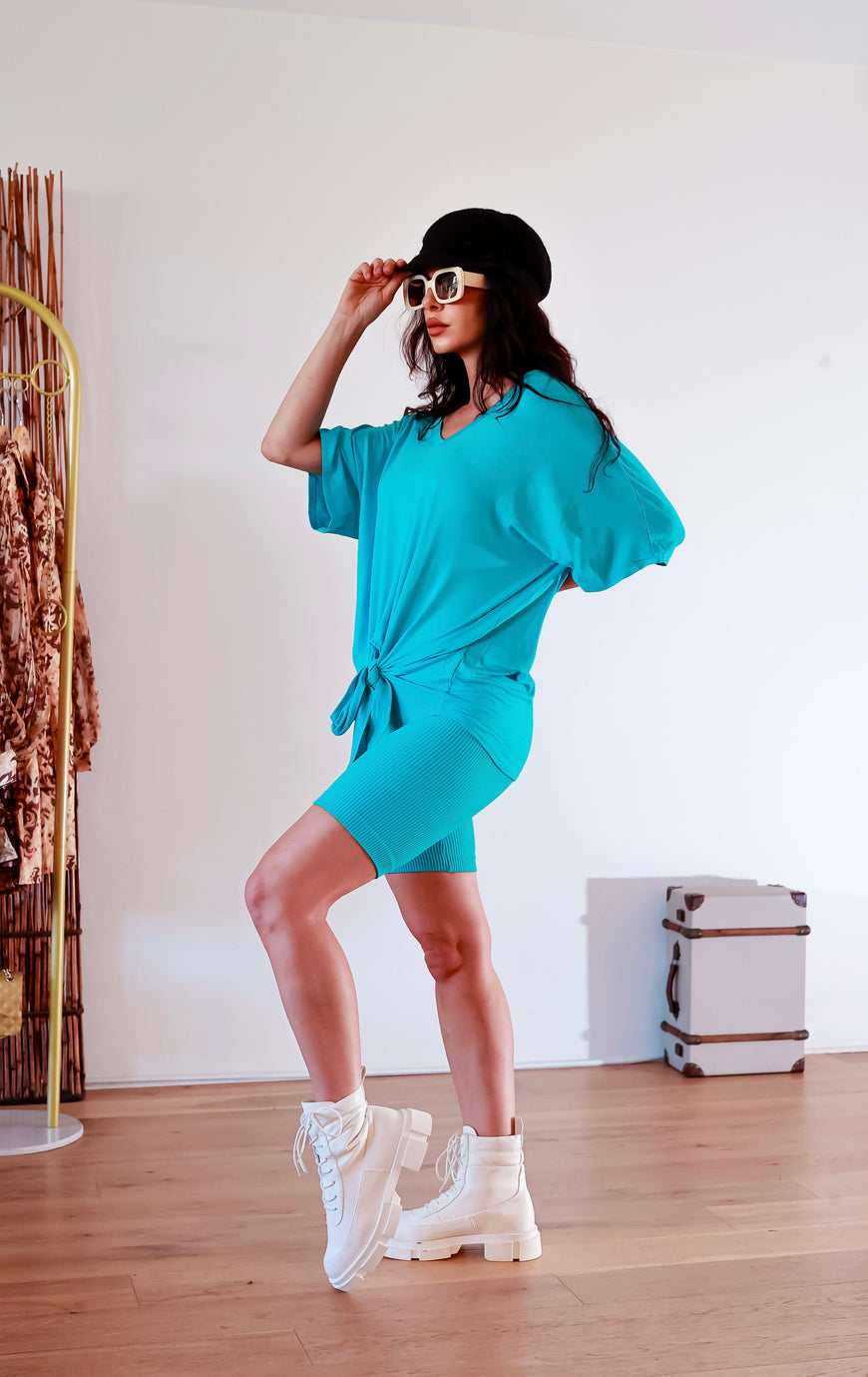 Ribbed Shorts Set: On The Go Front Tie Top in Aqua Blue