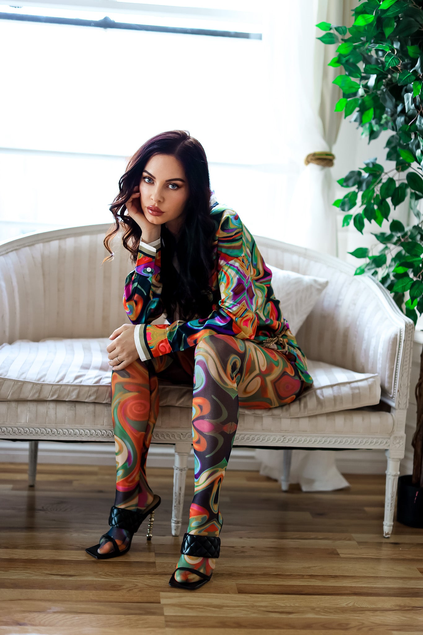 Button Down Shirt and Mesh Printed Scarf Leggings Set: Rule Breaker