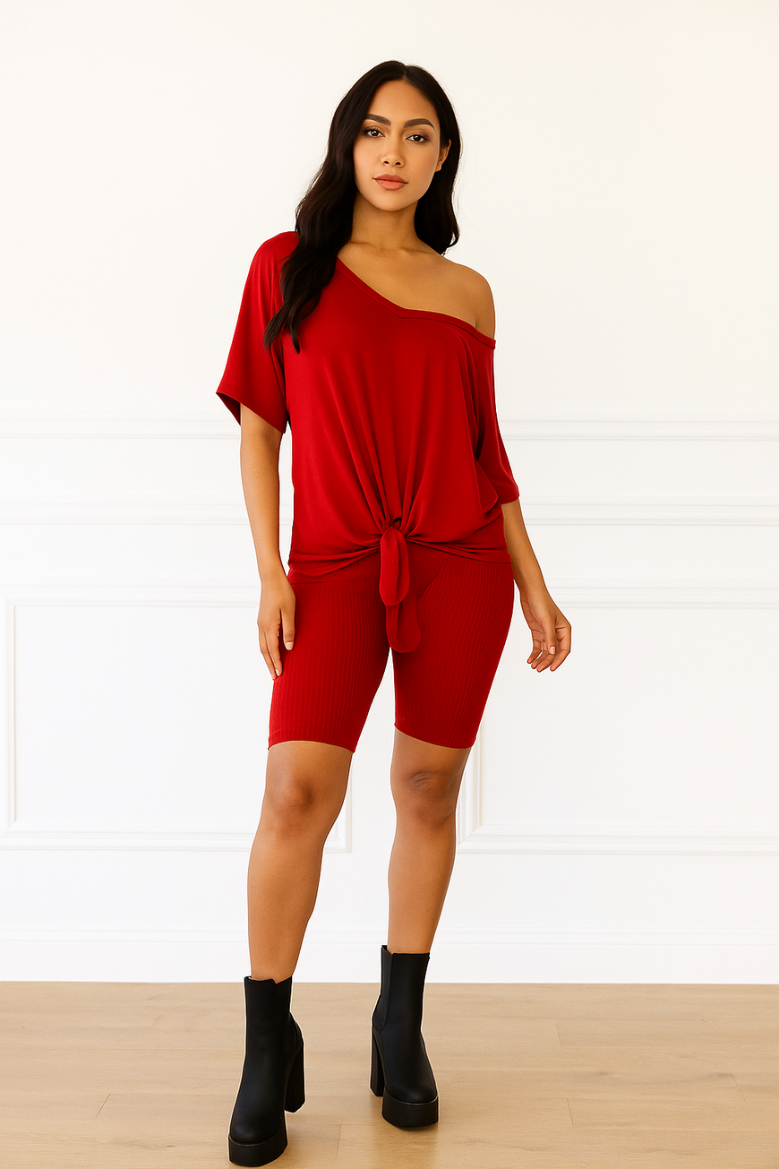 Ribbed Shorts Set: On The Go Front Tie Top in Burgundy