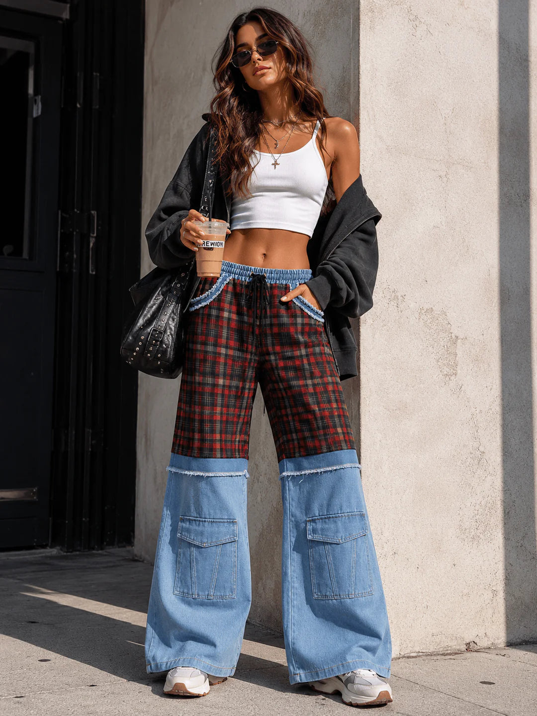 Boho Elastic Waist Pocket Plaid Contrast Denim Wide-Leg Pants