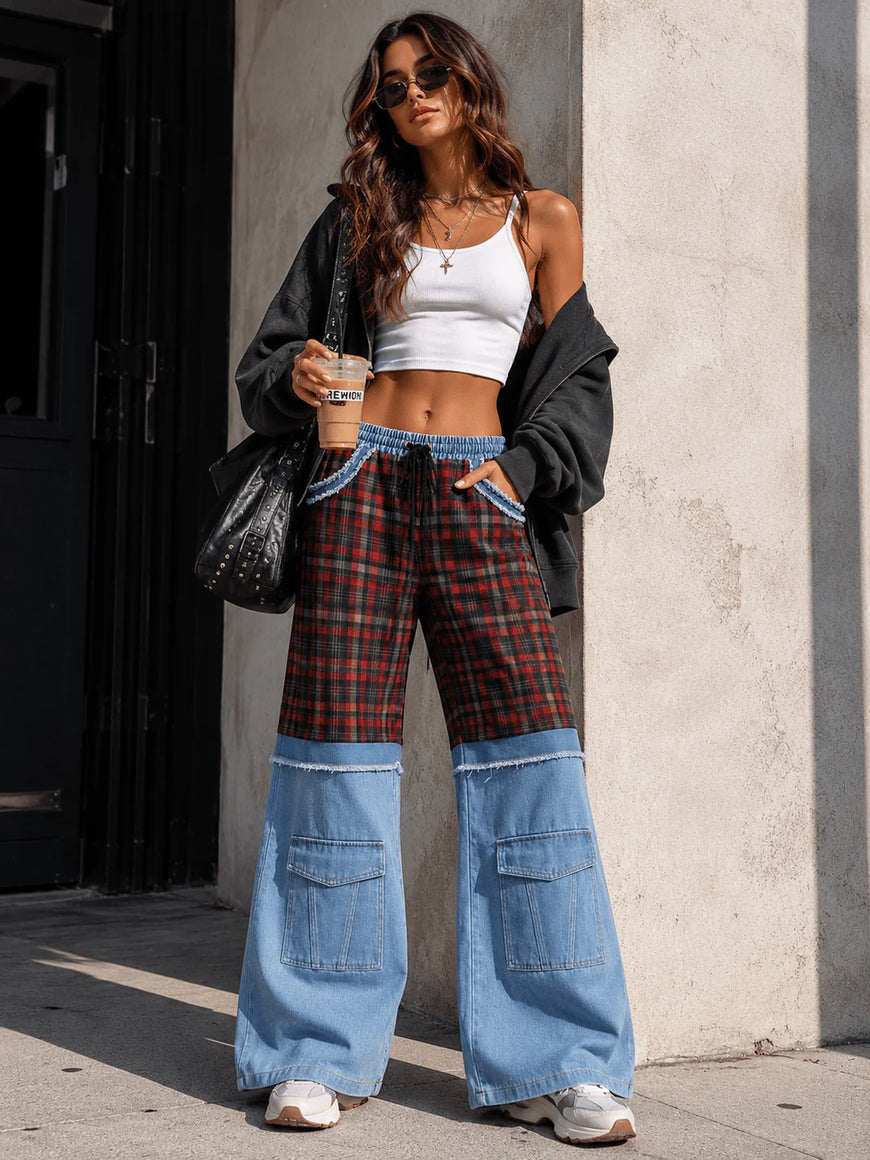 Boho Elastic Waist Pocket Plaid Contrast Denim Wide-Leg Pants