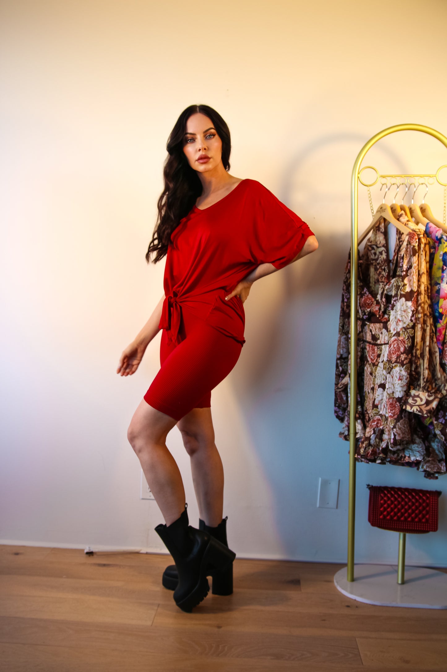 Ribbed Shorts Set: On The Go Front Tie Top in Burgundy