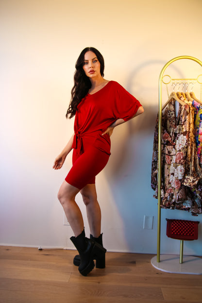Ribbed Shorts Set: On The Go Front Tie Top in Burgundy