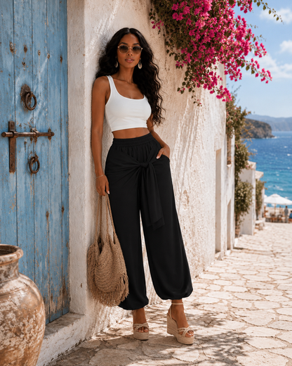 High-Waisted Pants: Twist of Fate Black Tie Front Stretch Pants