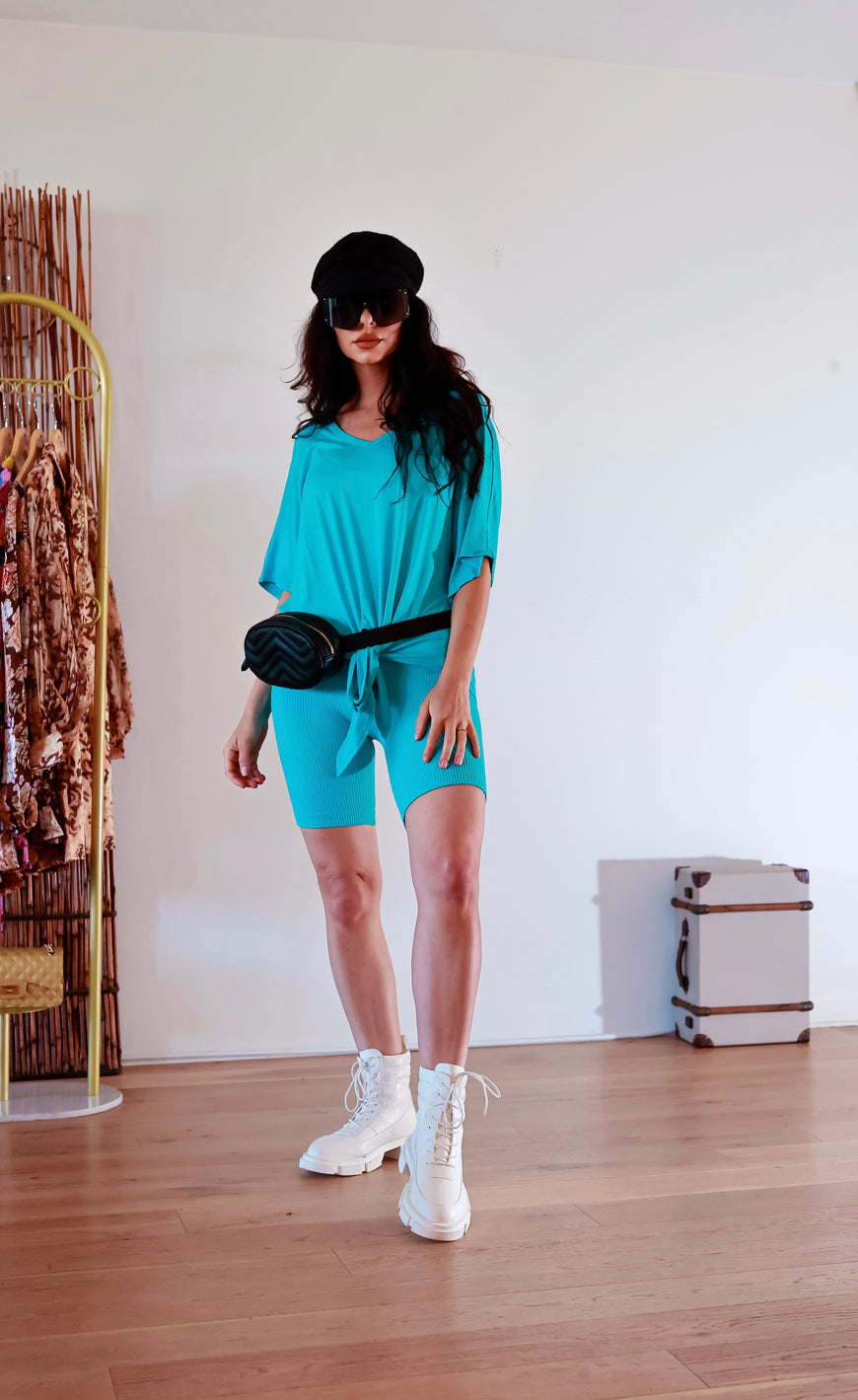 Ribbed Shorts Set: On The Go Front Tie Top in Aqua Blue