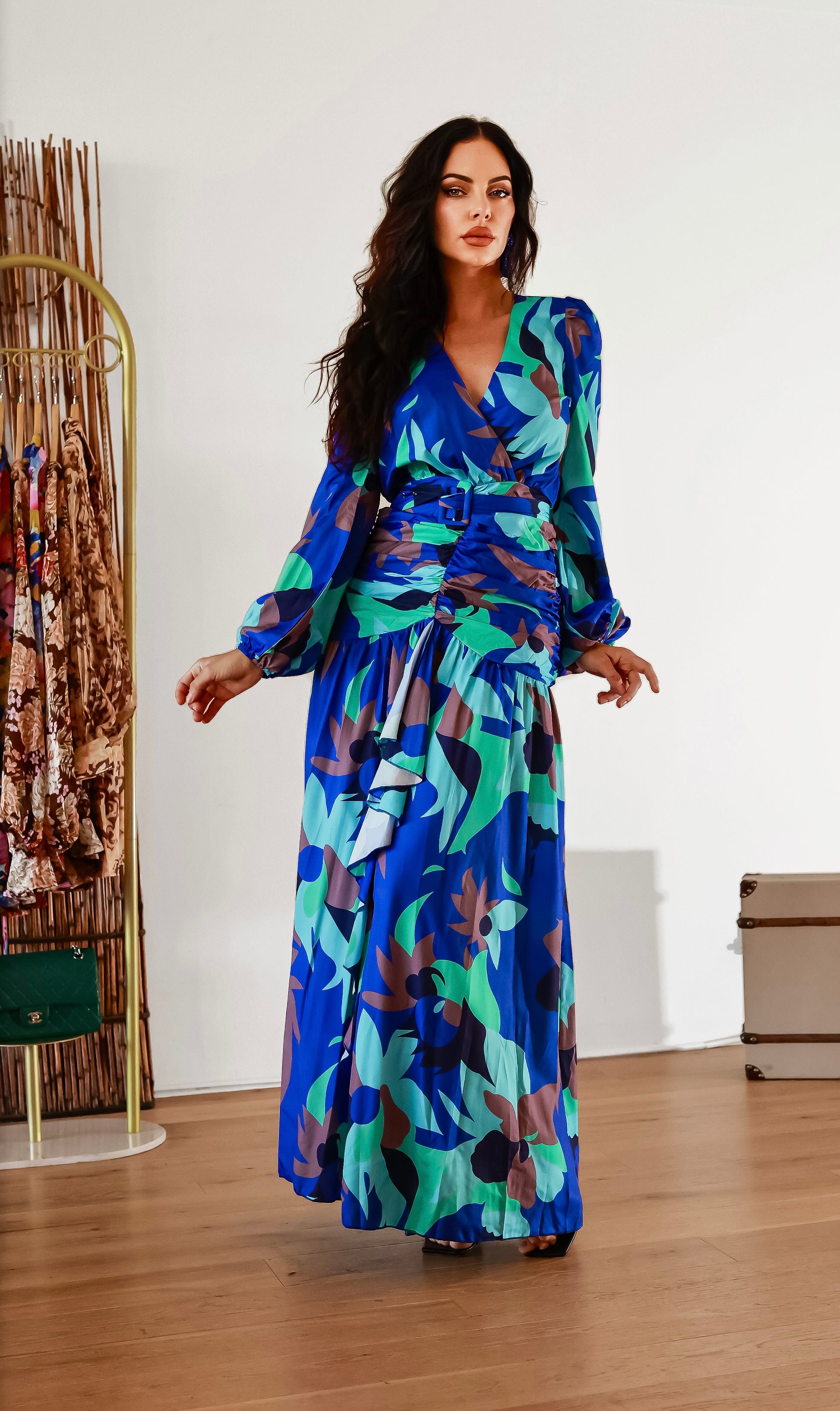 Ruched Waist Maxi Dress: Royal Elegance Floral Abstract Print – Little Secret Of Mine