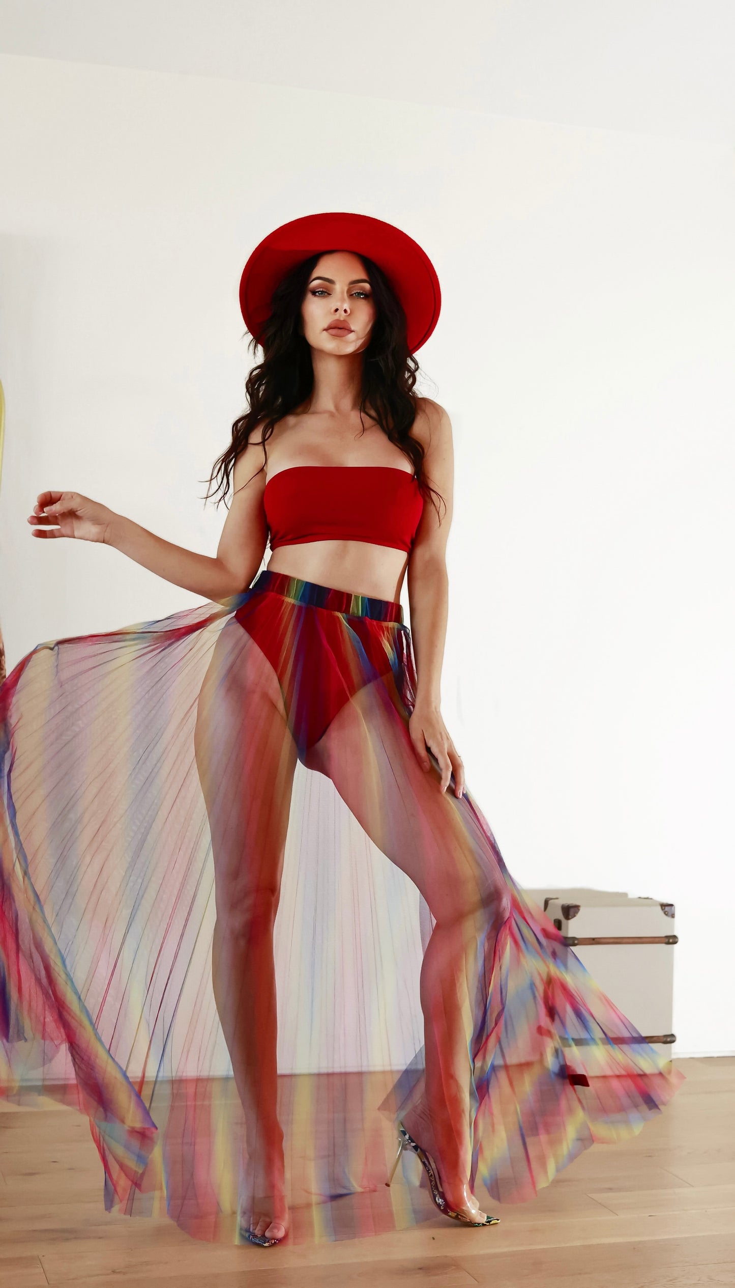 Maxi Sheer Skirt: Diva Energy Rainbow Pleated With Bandeau Top