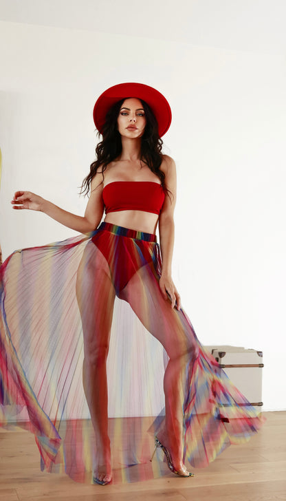 Maxi Sheer Skirt: Diva Energy Rainbow Pleated With Bandeau Top