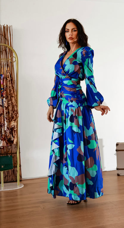 Ruched Waist Maxi Dress: Royal Elegance Floral Abstract Print