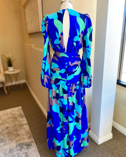 Ruched Waist Maxi Dress: Royal Elegance Floral Abstract Print