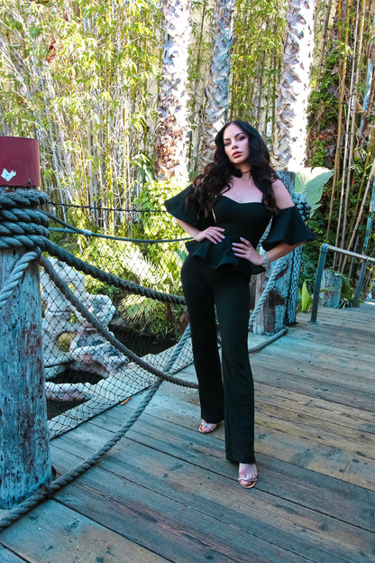 Off The Shoulder Peplum Top & Flare Leg Jumpsuit: Talk To Me Nice