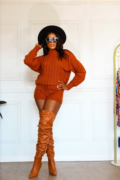 Knitted Shorts Set & Jumper: Hot to Handle Cable Knitted in Rust