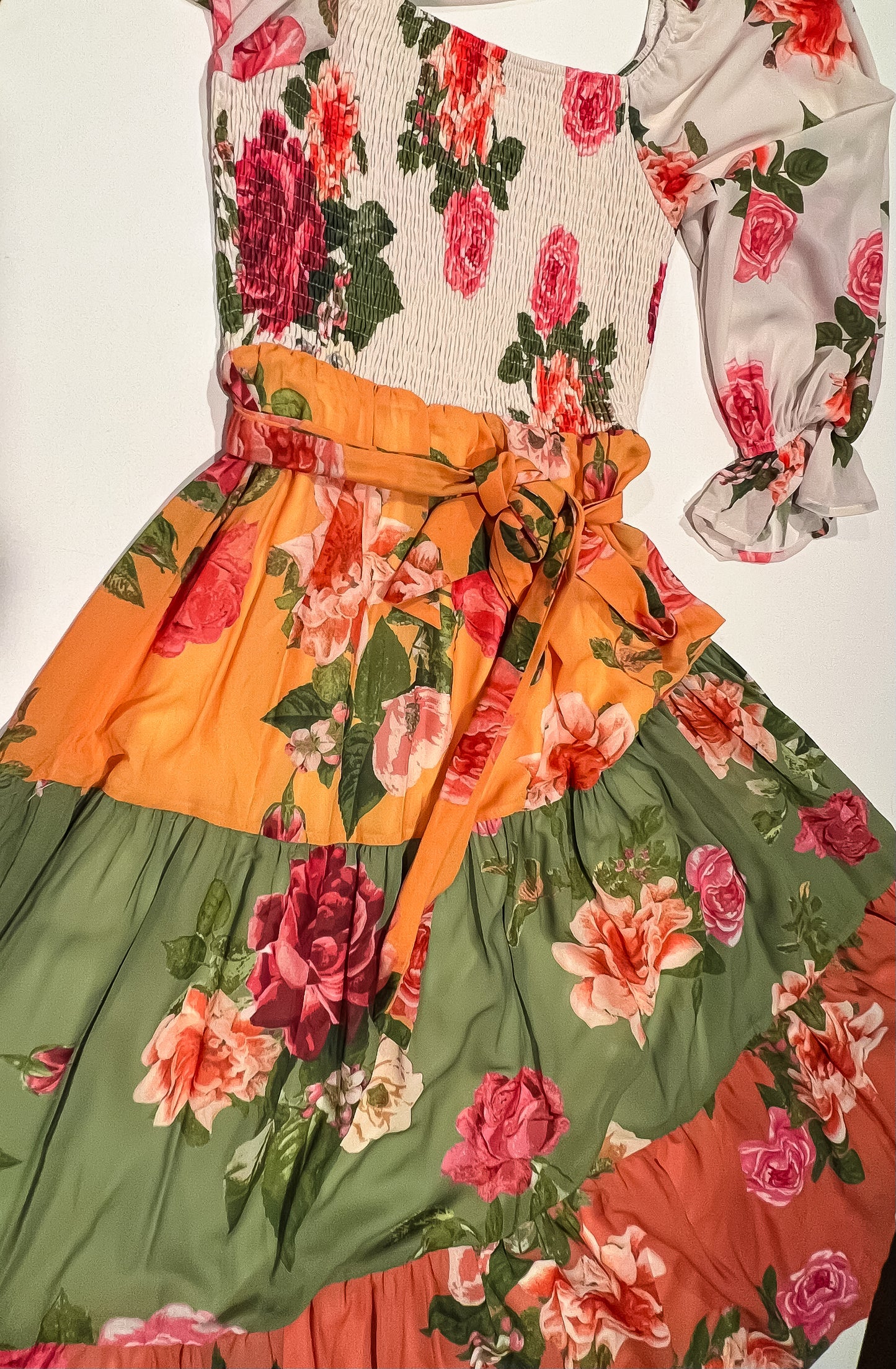 Tiered Midi Dress With Sleeves: Garden of Roses Floral Print