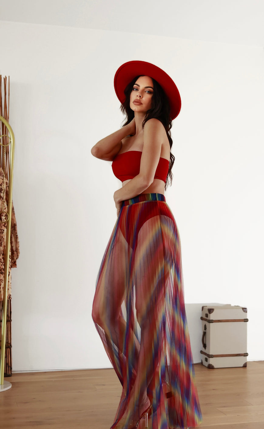 Diva Energy Rainbow Pleated Maxi Mesh Sheer Skirt & Bandeau Top Set