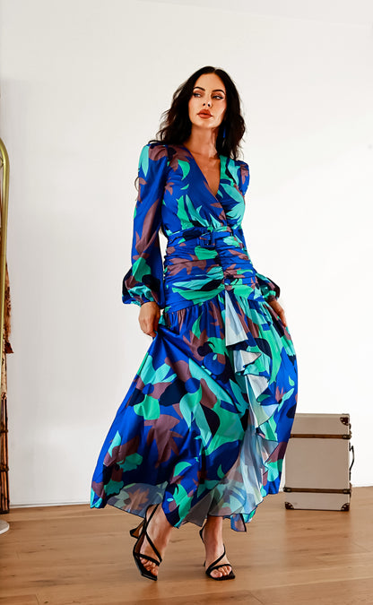 Ruched Waist Maxi Dress: Royal Elegance Floral Abstract Print