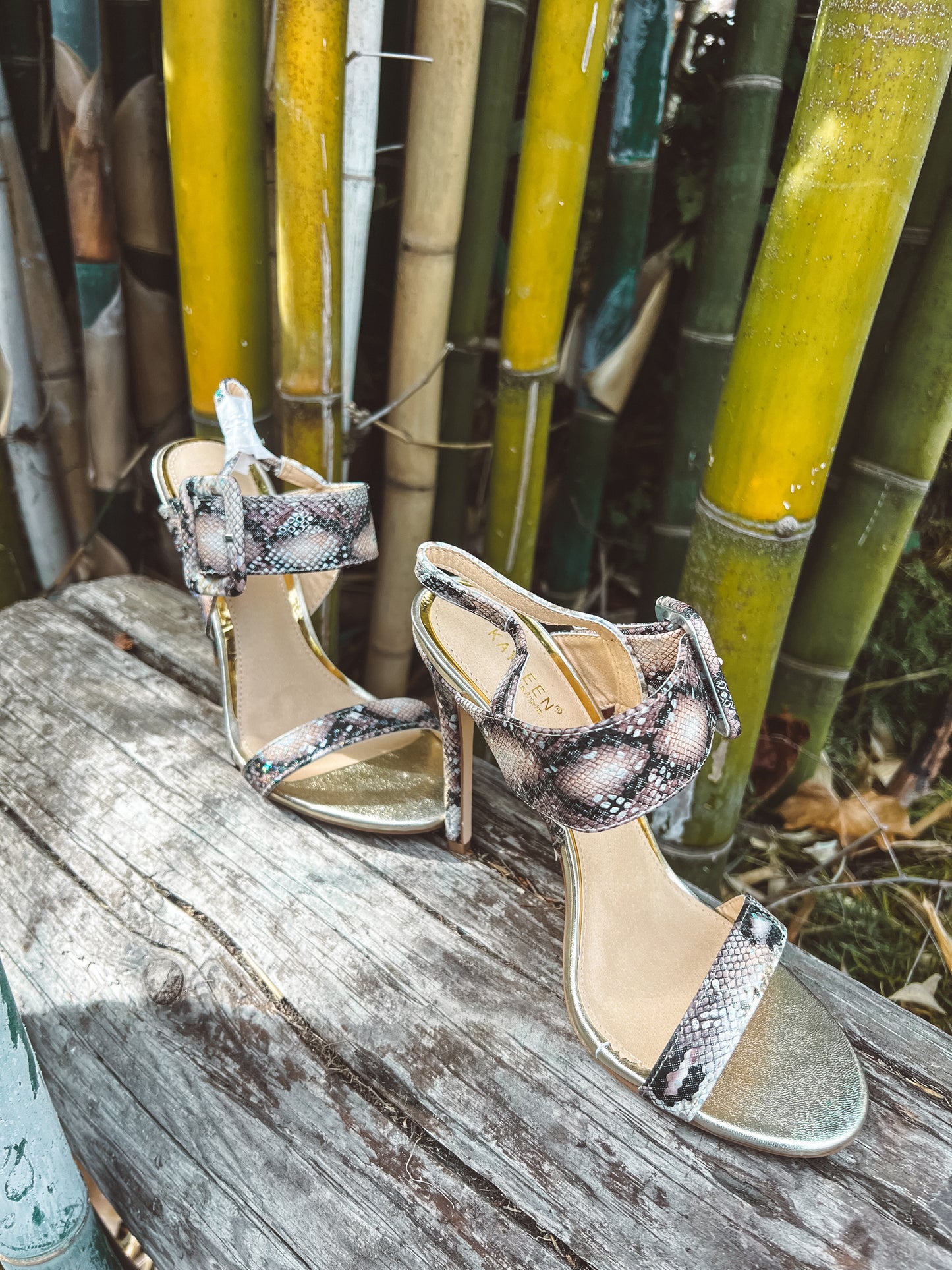 Round Toe Heels with Buckles: Jungle Fever Snakeskin Ankle Straps