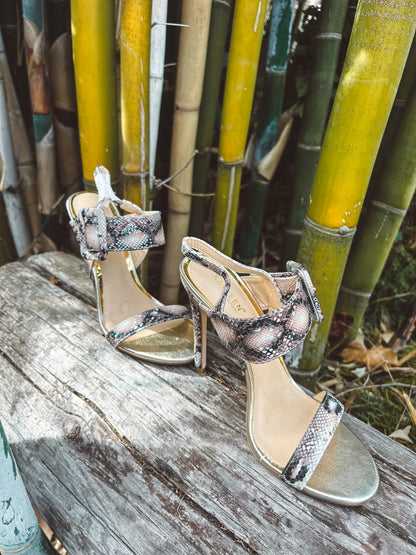 Round Toe Heels with Buckles: Jungle Fever Snakeskin Ankle Straps