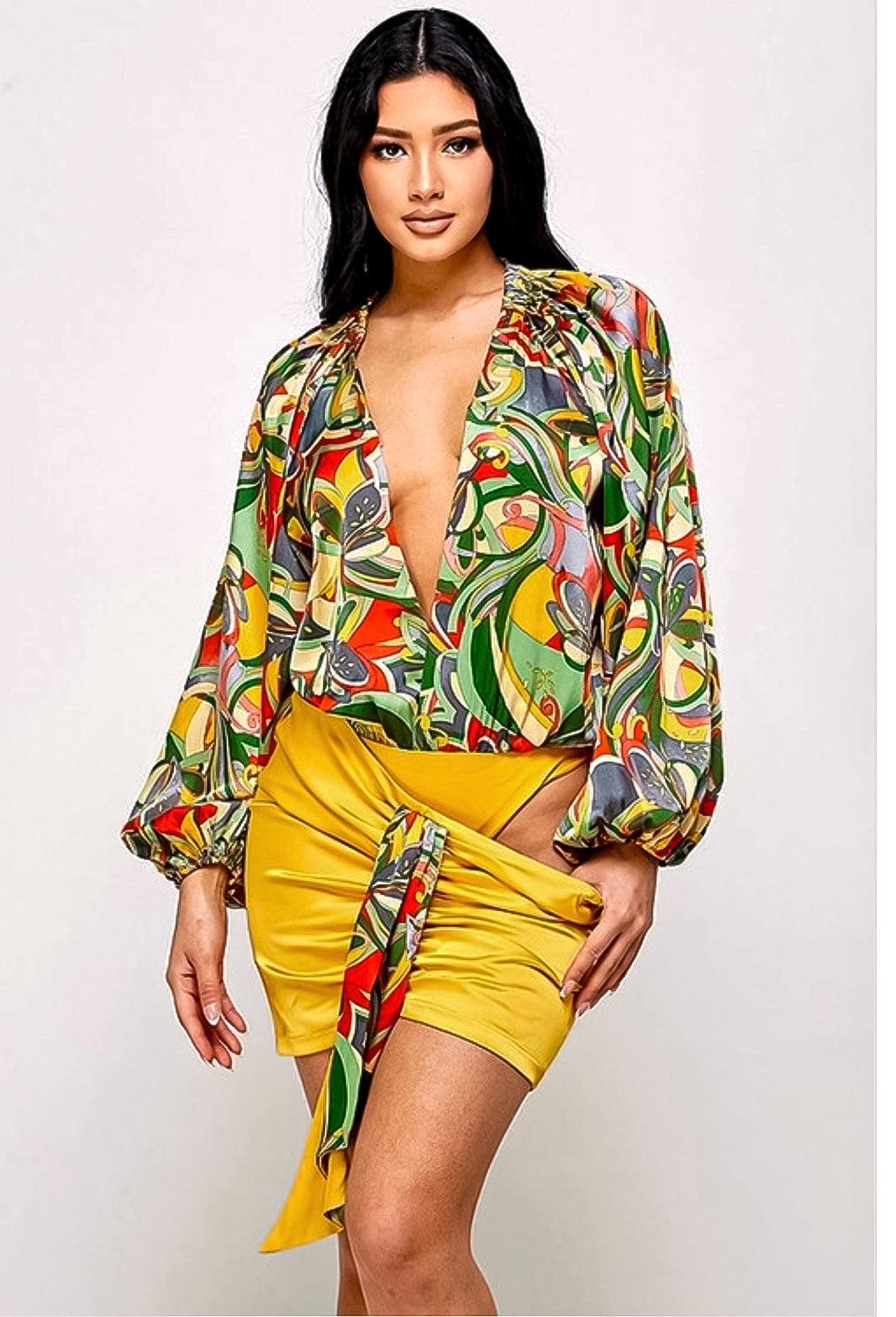 Bodysuit Skirt Set: Style & Grace Golden Opulence Block Satin Drape
