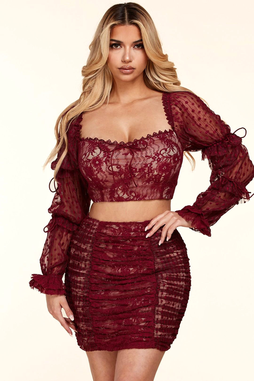 Mini Skirt Set: Velvet Red Wine Lace Elegance Mesh