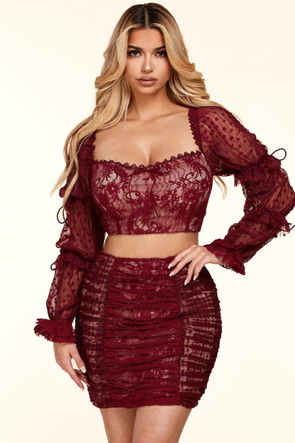 Mini Skirt Set: Velvet Red Wine Lace Elegance Mesh