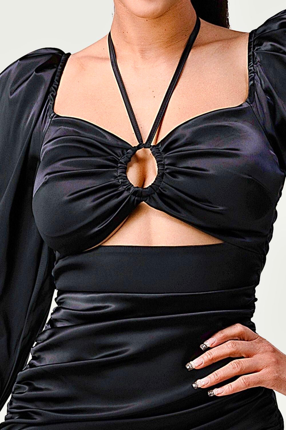 Ruched Mini Dress: Glam Life Satin Front Tie Keyhole Design