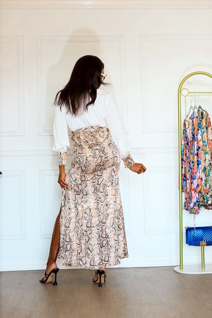 Long Sleeve V Neck Long Dress: Safari Dreams Snake Print With Slit