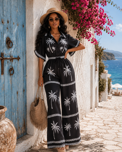 Palm Print Wide Leg Jumpsuit : Tropical Gateway
