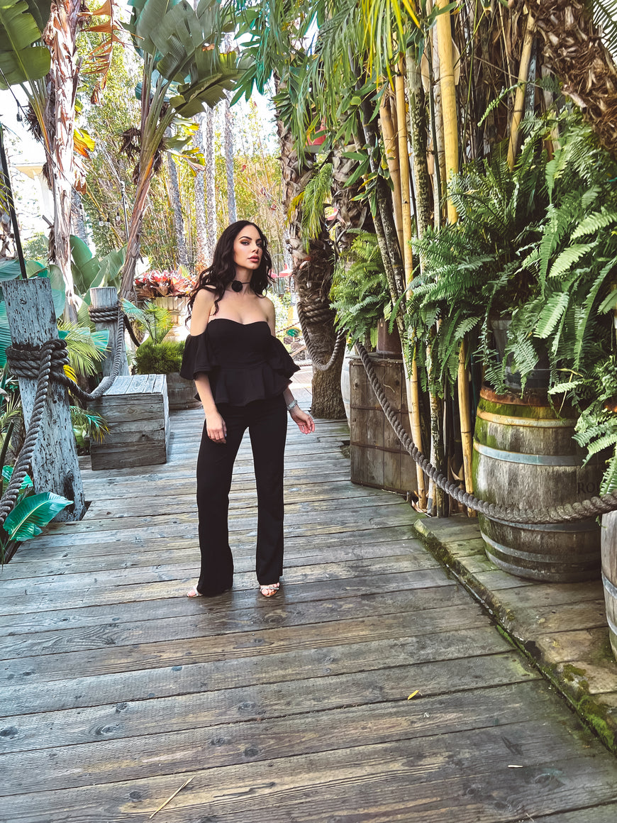 Off The Shoulder Peplum Top & Flare Leg Jumpsuit: Talk To Me Nice