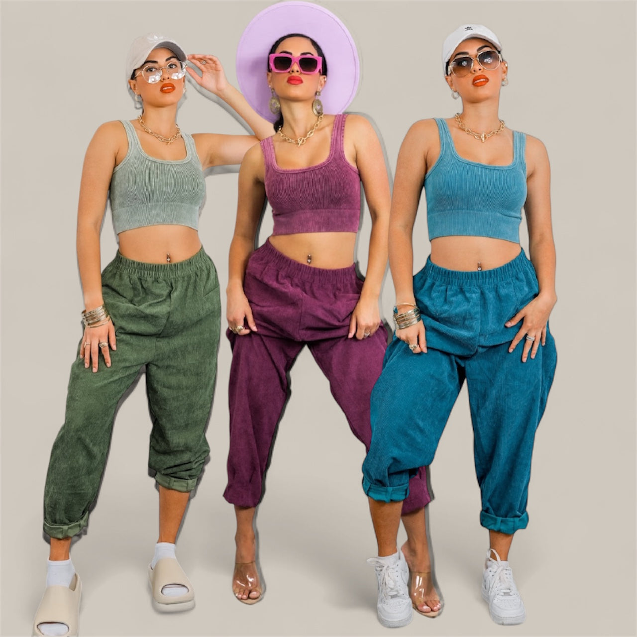 Purple Ribbed Cropped Top & Corduroy Pocket Front Pants Set: Hung Up On You