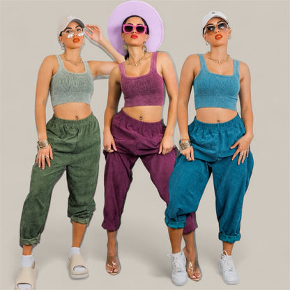 Purple Ribbed Cropped Top & Corduroy Pocket Front Pants Set: Hung Up On You