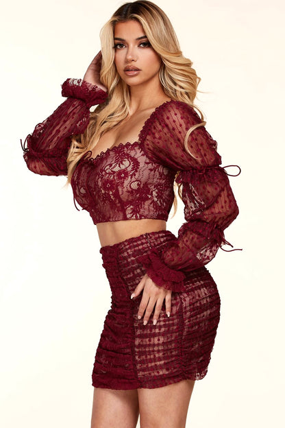 Mini Skirt Set: Velvet Red Wine Lace Elegance Mesh