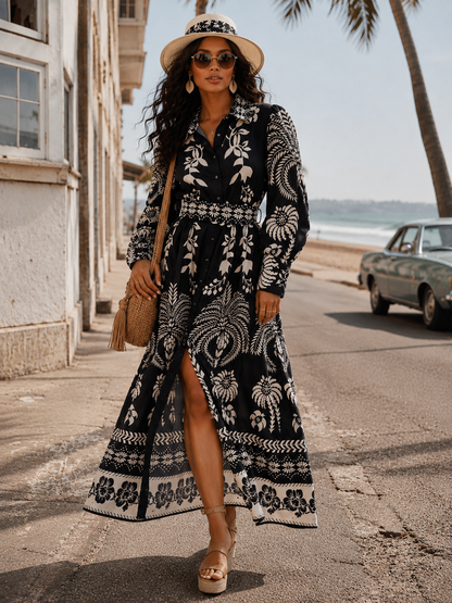 Long Sleeve Floral Maxi Dress : Tropic Tango | V-Neck Button-Up Belted Floral Print Maxi Dress