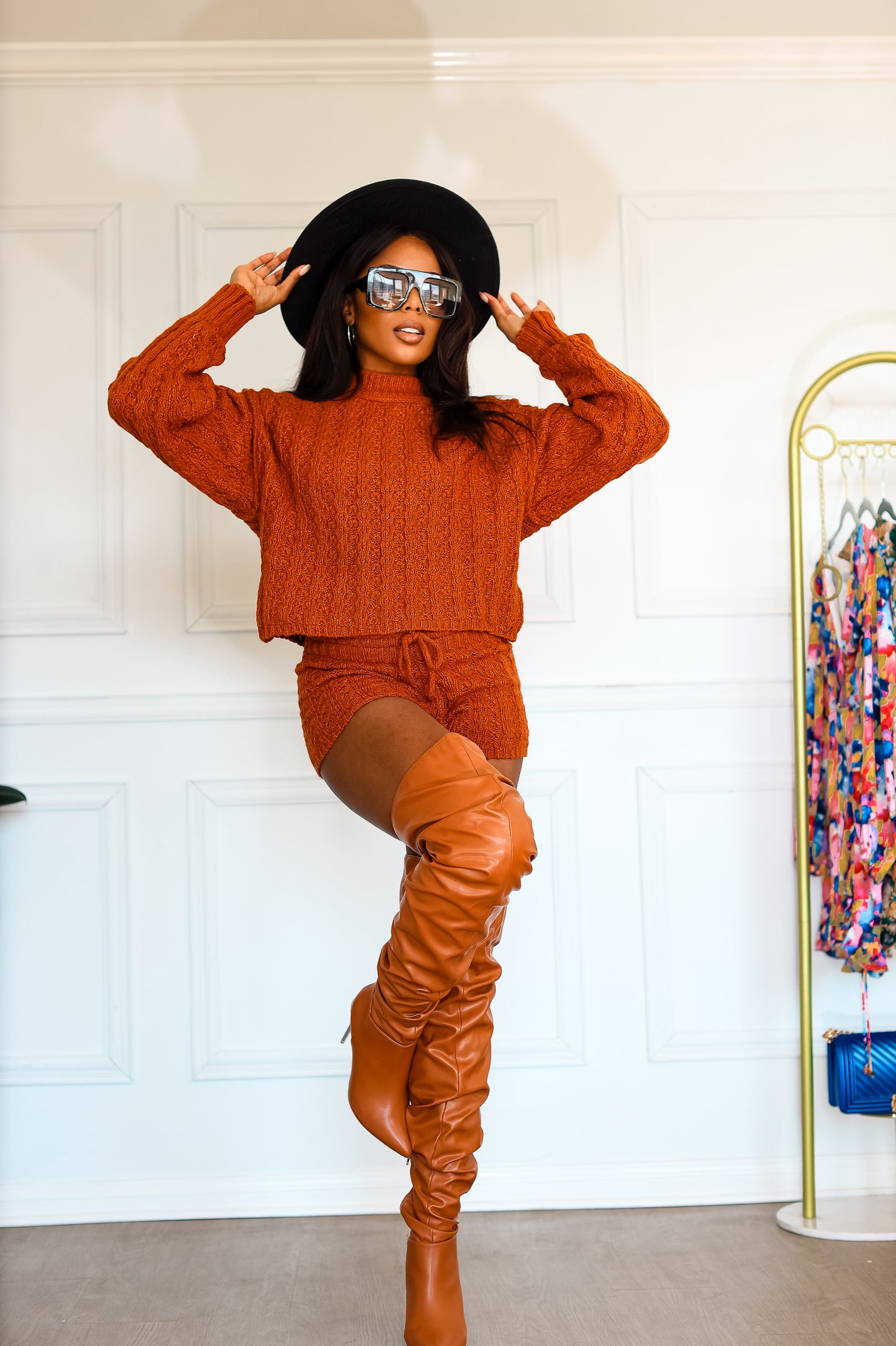 Knitted Shorts Set & Jumper: Hot to Handle Cable Knitted in Rust