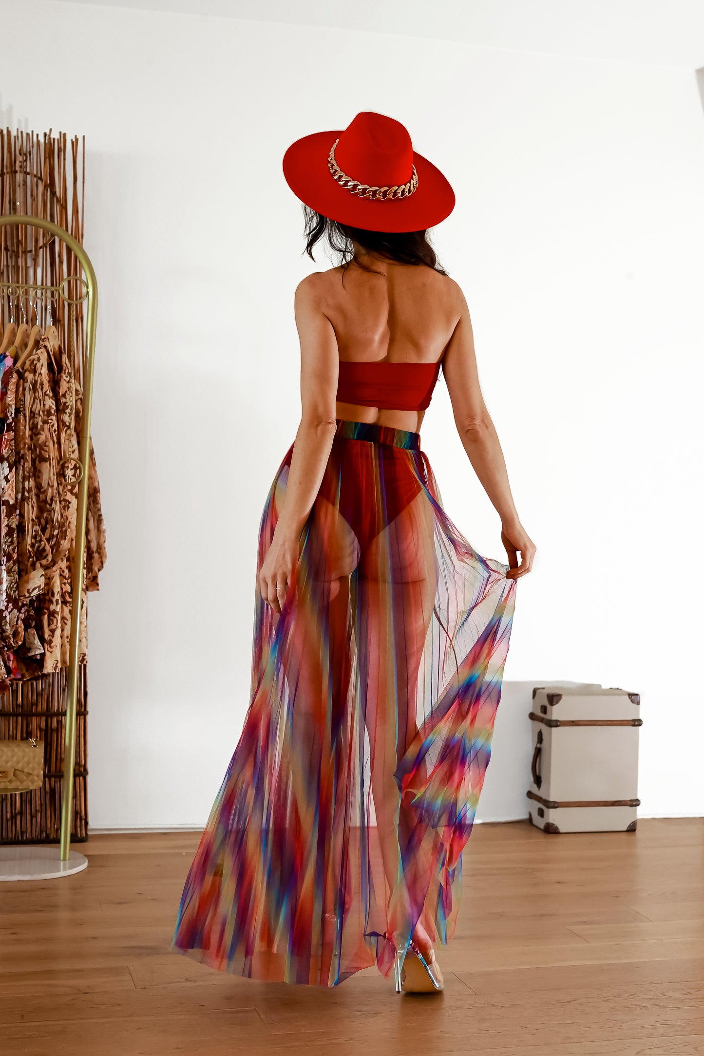 Maxi Sheer Skirt: Diva Energy Rainbow Pleated With Bandeau Top