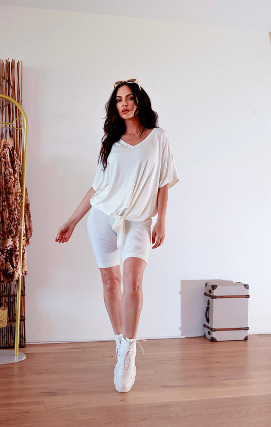 Ribbed Shorts Set: On The Go Front Tie Top in Ivory