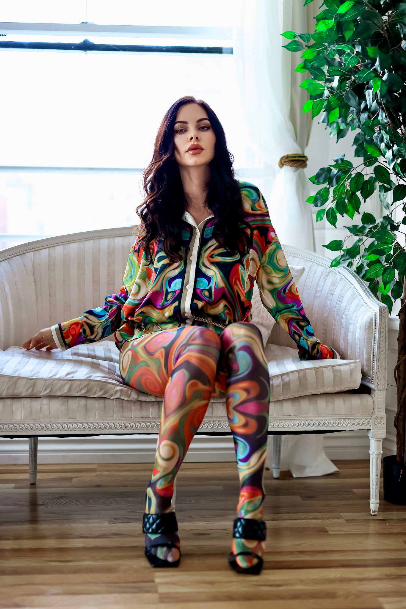 Button Down Shirt and Mesh Printed Scarf Leggings Set: Rule Breaker