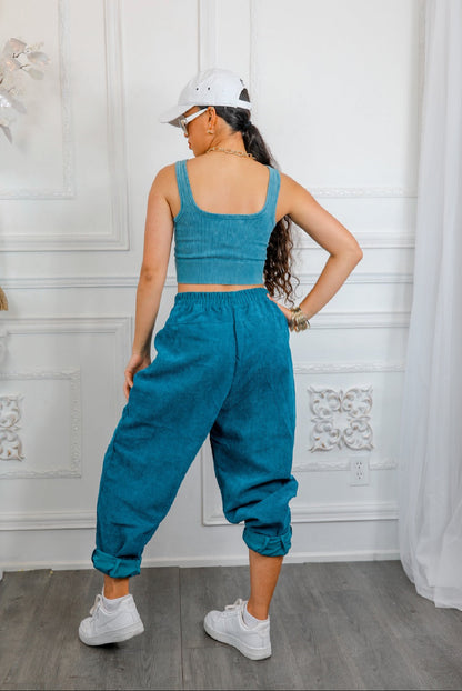 Olive Ribbed Cropped Top & CorduroyPocket Front Pants Set: Hung Up On You