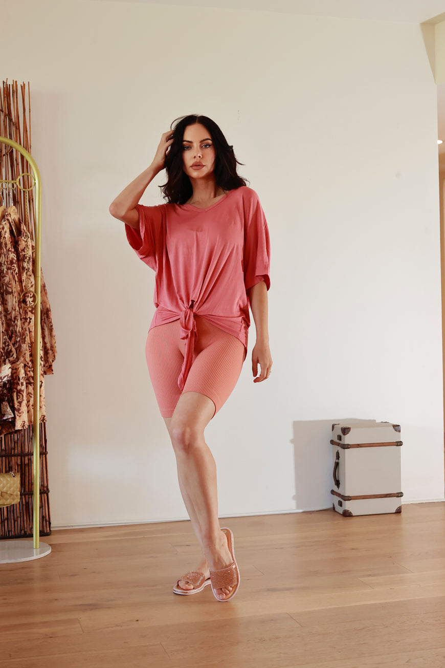 Ribbed Shorts Set: On The Go Front Tie Top in Desert Rose