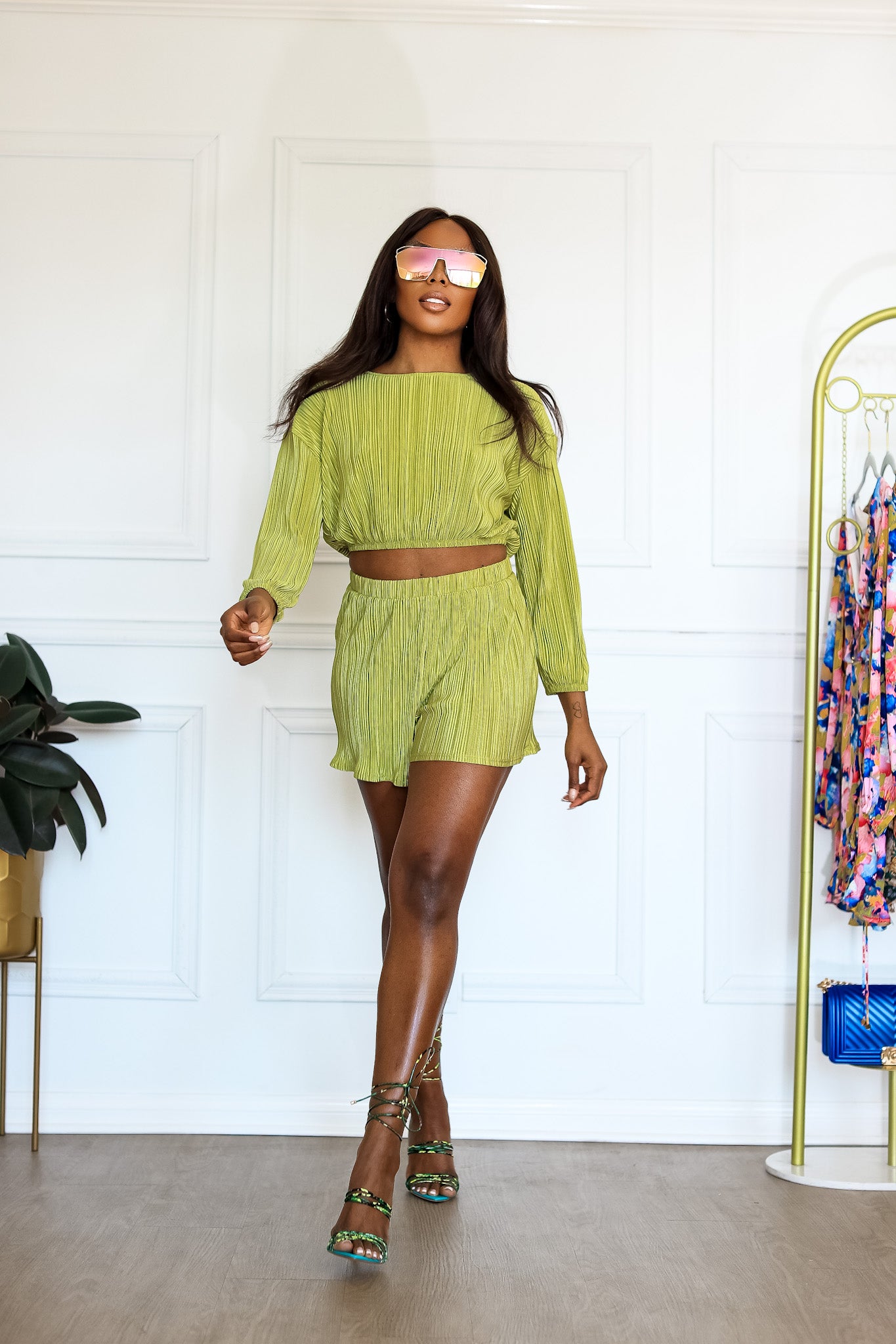 Plisse Set Long Sleeve Top & Shorts: Dreamscape Pleated Green Olive