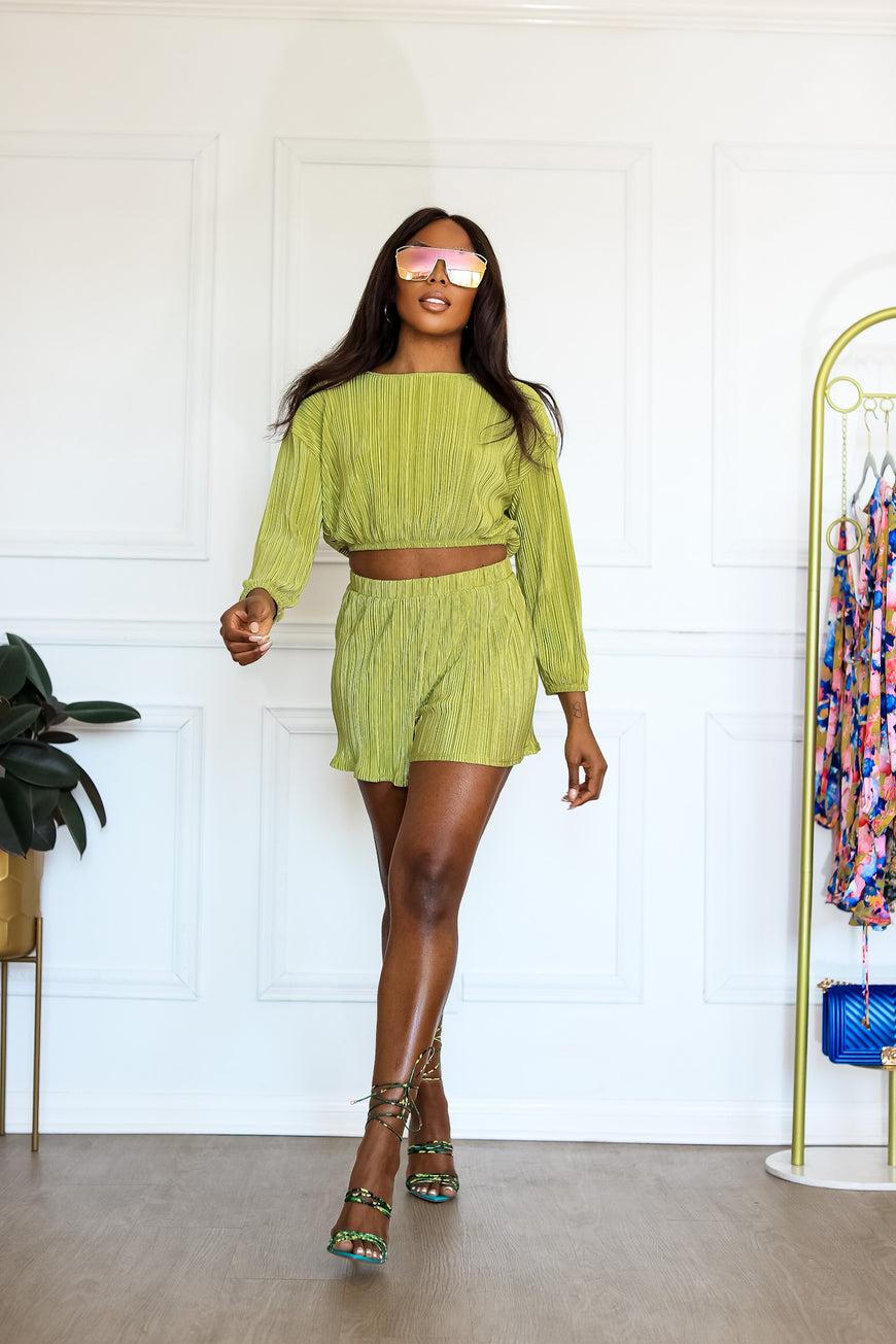 Dreamscape Green Olive Pleated Plisse Long Sleeve Top & Short Set