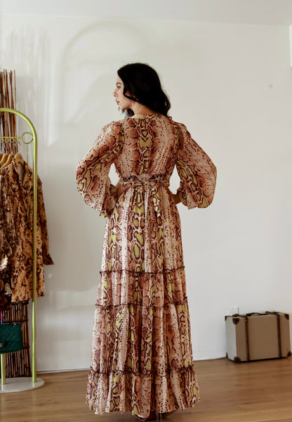 Snake Print Maxi Dress: Wild Savannah With Slit And Long Sleeves
