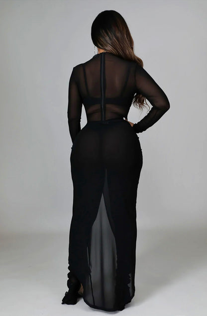 Sheer Jumpsuit Long Sleeve: Seductive Ruched Wrap Skirt in Black