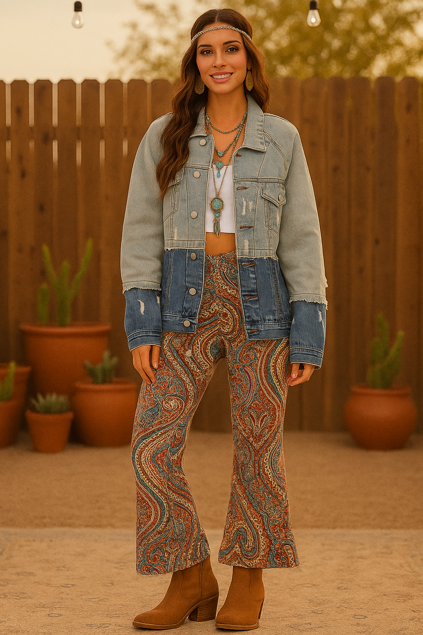 Split Decision Button Closure Pockets Two-Tone Denim Jacket