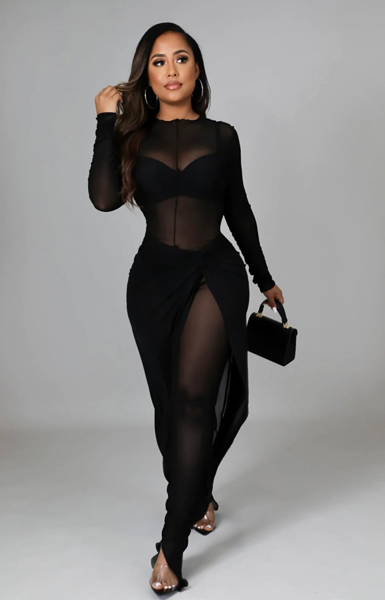 Sheer Jumpsuit Long Sleeve: Seductive Ruched Wrap Skirt in Black