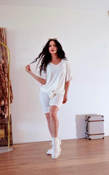 Ribbed Shorts Set: On The Go Front Tie Top in Ivory